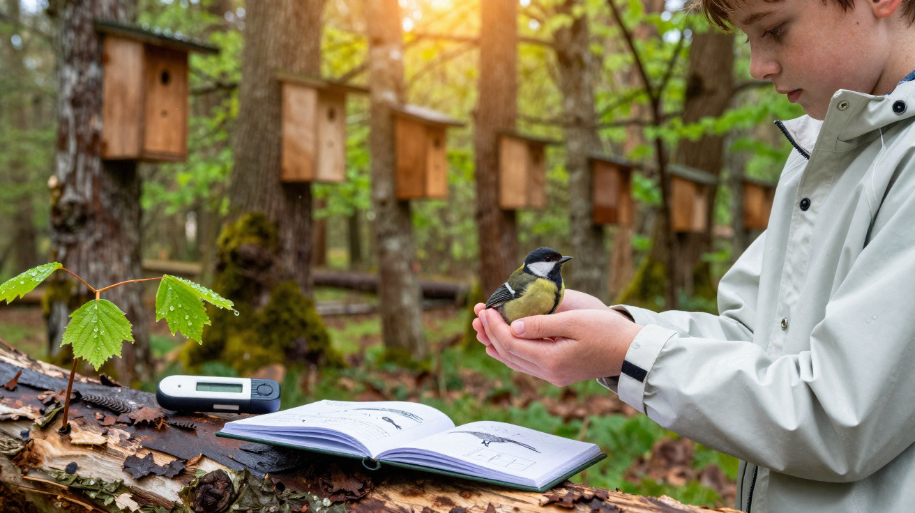 Child in raincoat holding a small bird near an open bird identification book in a wooded area with birdhouses.