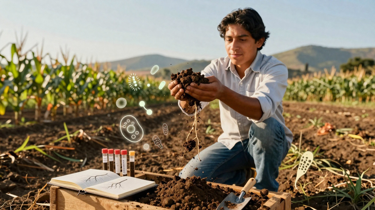 Young man examines soil sample in field with test tubes, notebook, and illustrated microbes around soil.