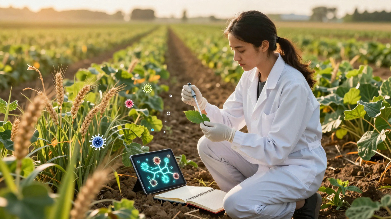 Scientist in white coat studying plant leaf with digital tablet showing virus illustrations in crop field.