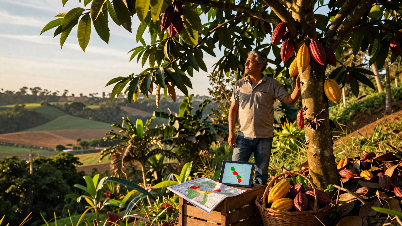 Man standing by a cacao tree with ripe pods, a basket of cacao, and a map and tablet on a crate in a rural field.