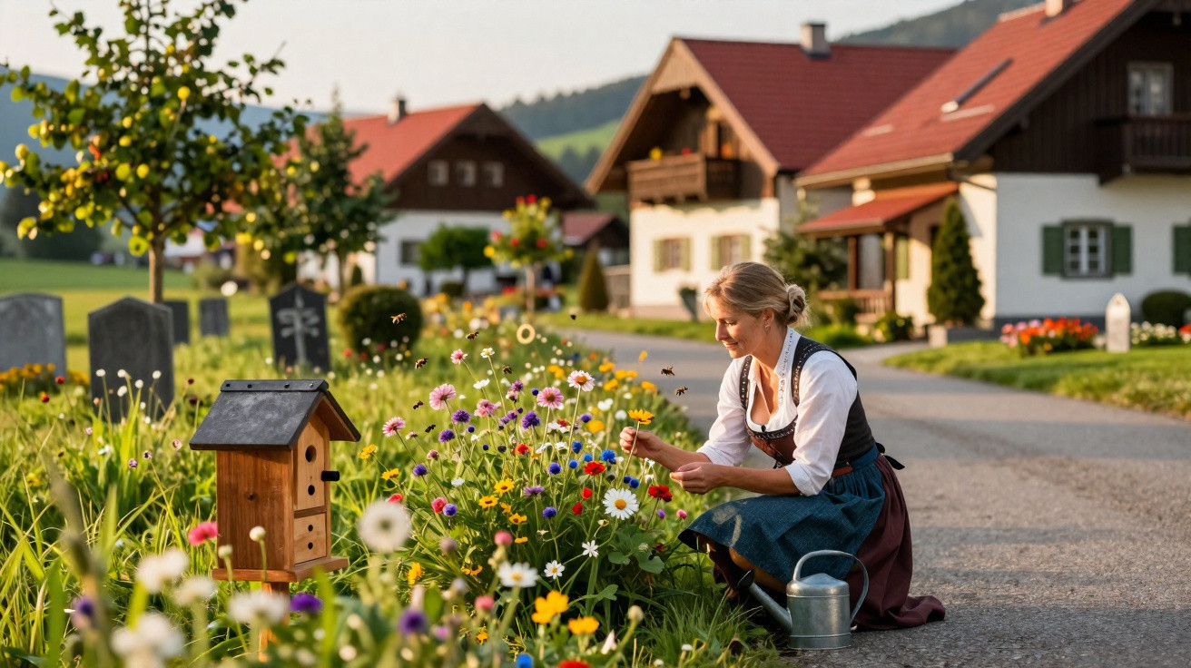 Woman in traditional dress tending to a colourful flower garden near wooden houses in a rural village.