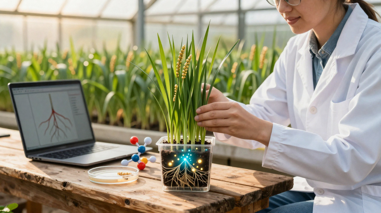 Scientist in a lab coat examining green plants with digital root analysis in a greenhouse setting.