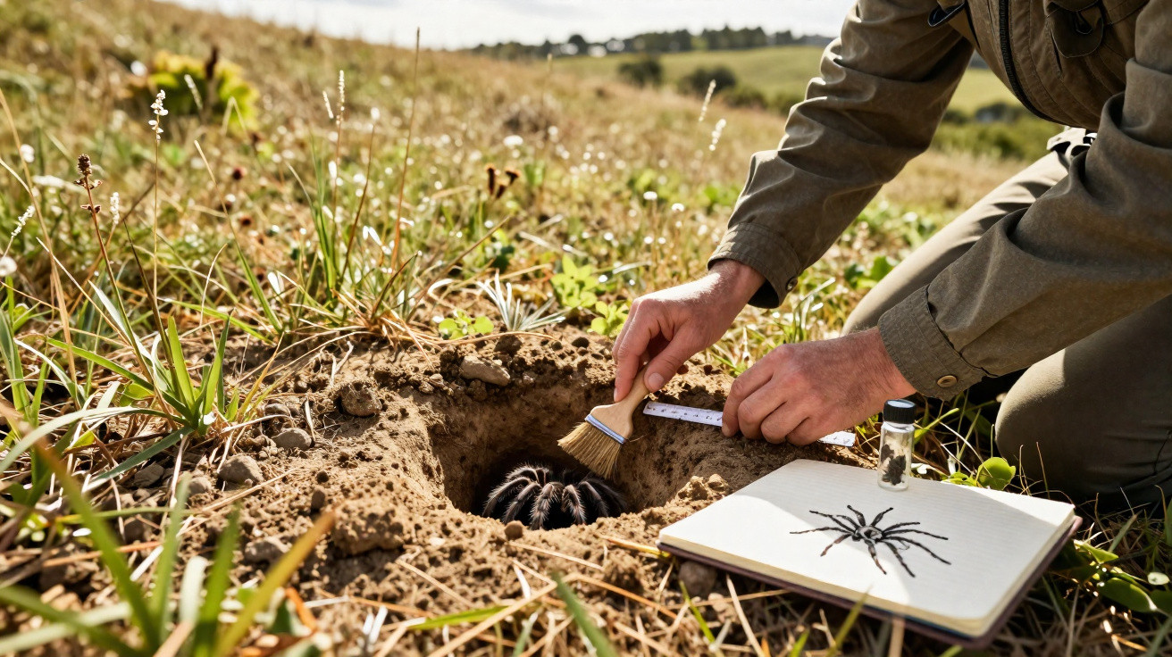Person carefully brushing soil away from a large tarantula in a hole outdoors with a spider drawing nearby.