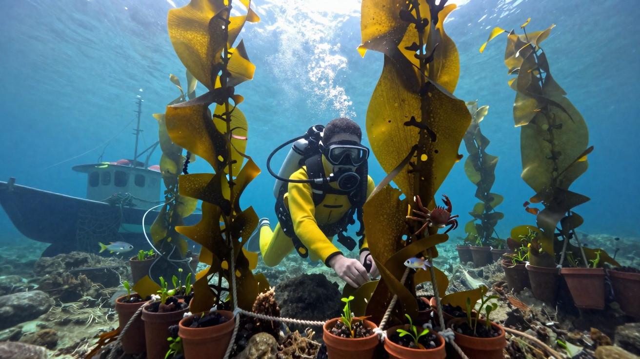 Diver in yellow wetsuit tending to underwater kelp plants with a small boat floating above.