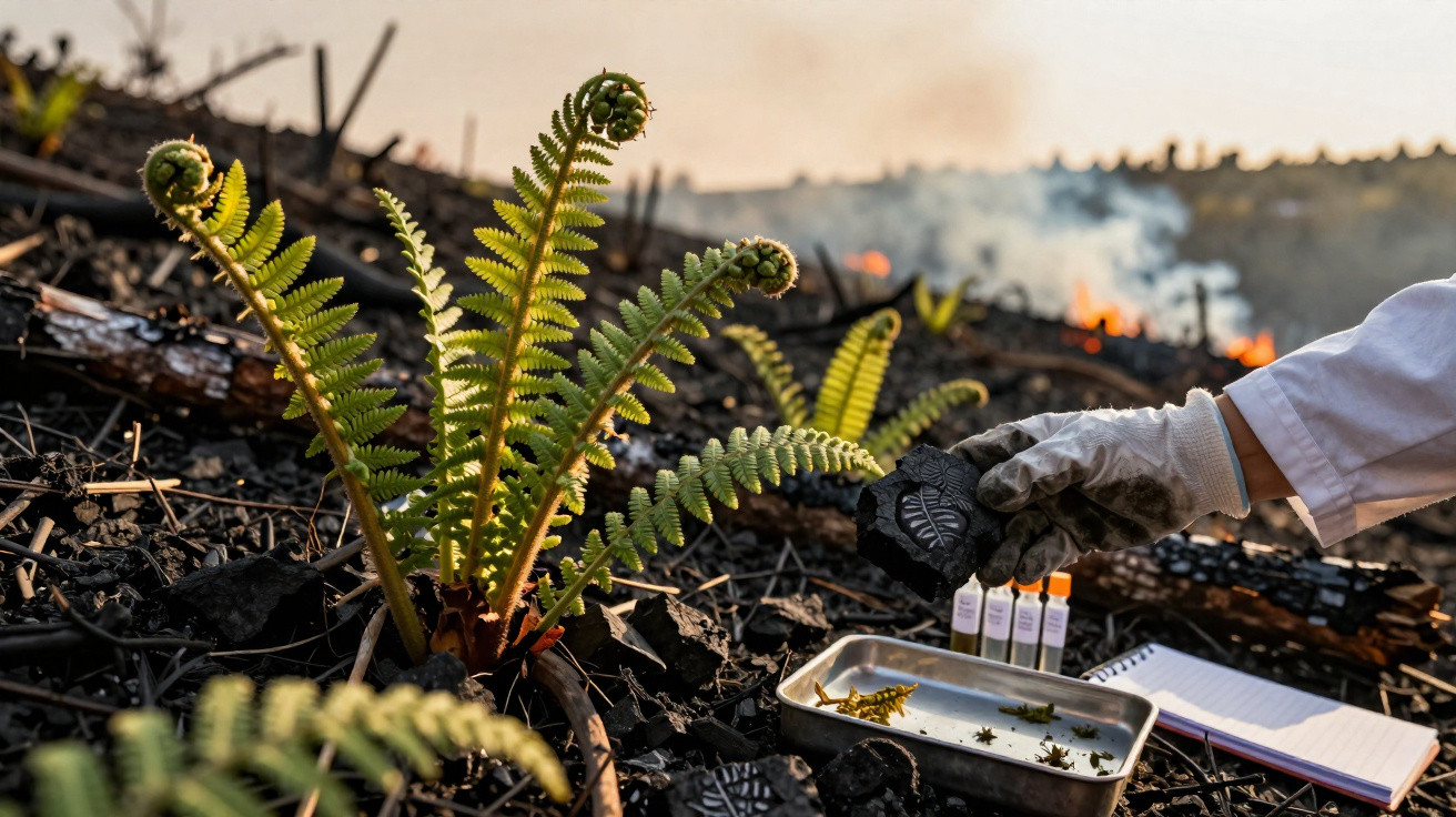 Close-up of a gloved hand holding a charcoal fossil fossil near a fern plant on burnt ground with fire and smoke in the backg