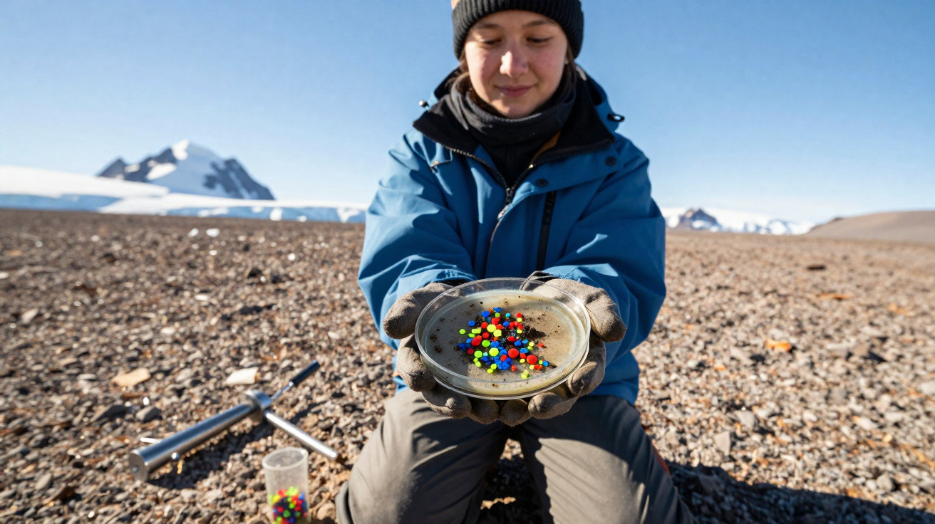 Person in cold weather gear holding a petri dish with colourful microplastic beads on rocky terrain.