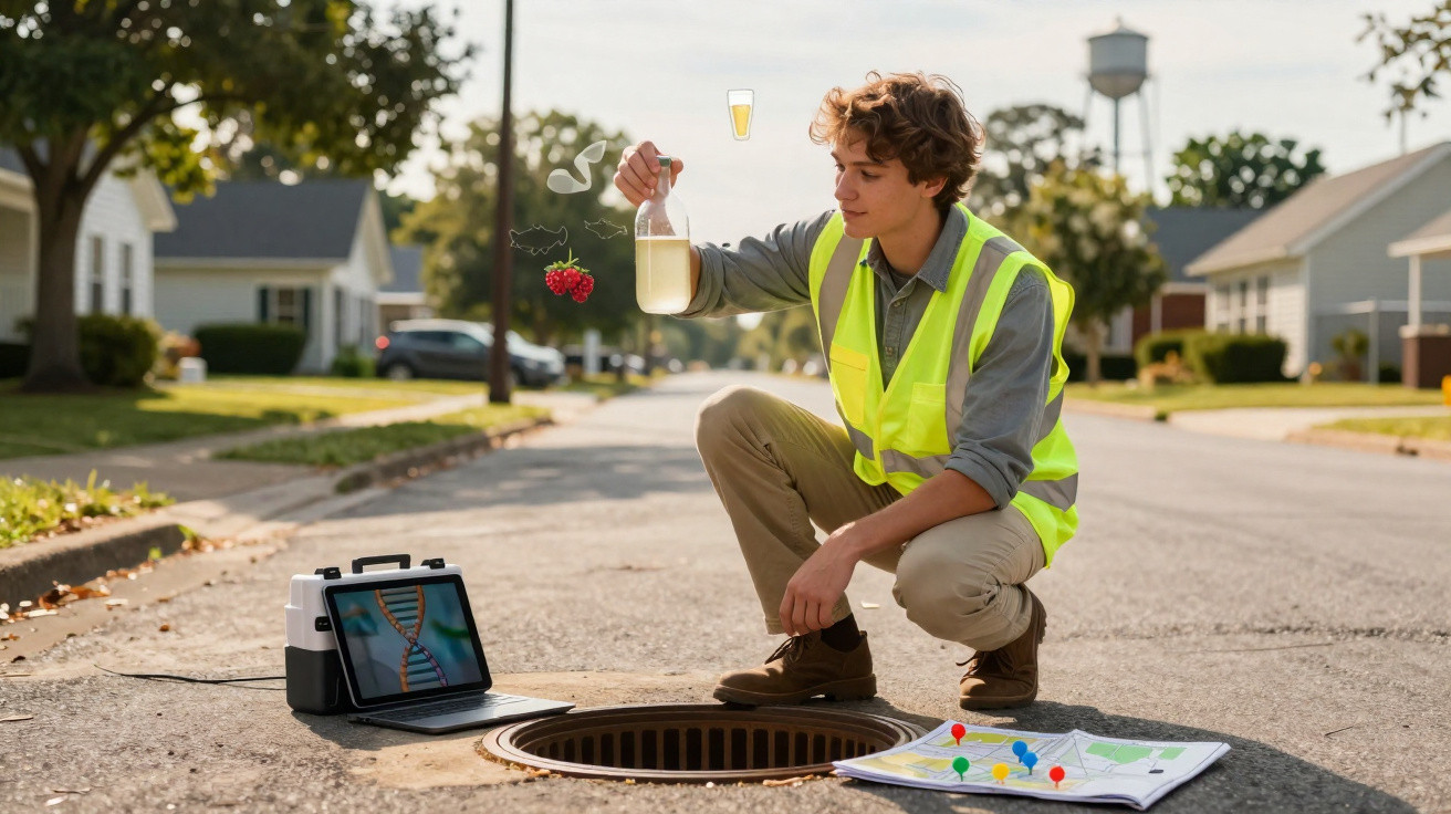 Young man in high-visibility vest examining a bottle of liquid by an open manhole on a suburban street.