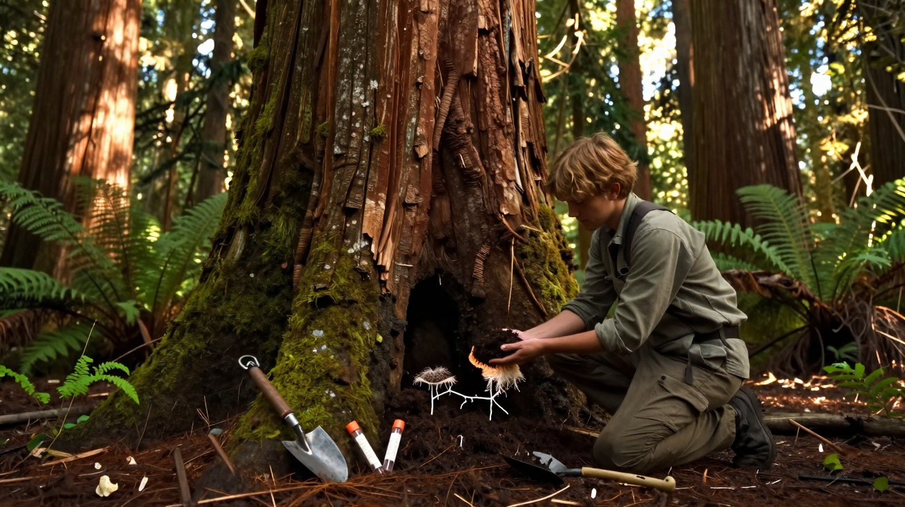Person kneeling beside a large tree in a forest, holding a cluster of fungi near the tree's hollow base.