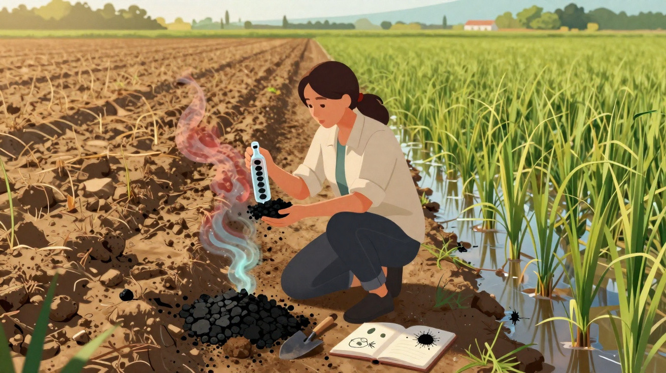A woman kneels on farmland, examining soil with smoke rising, next to a waterlogged crop field and an open book.