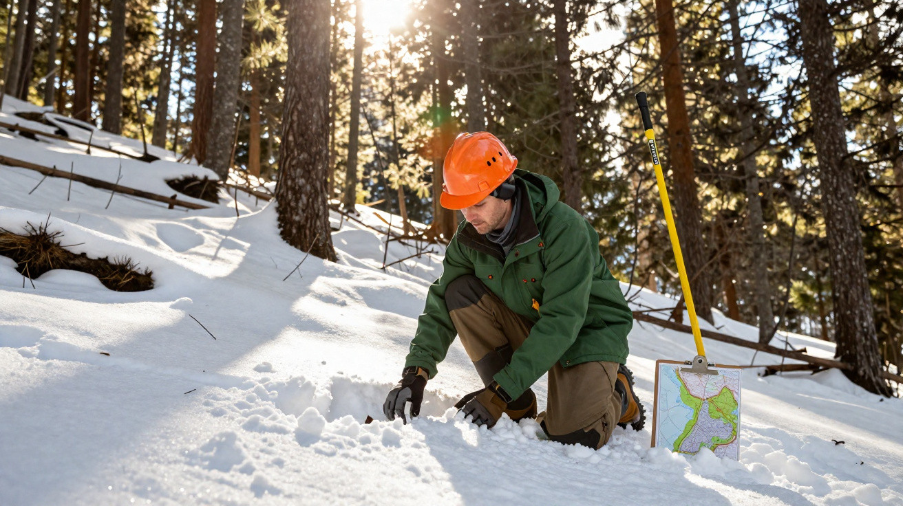 Researcher in orange helmet examining snow with a map and probe in a sunlit forest during winter.