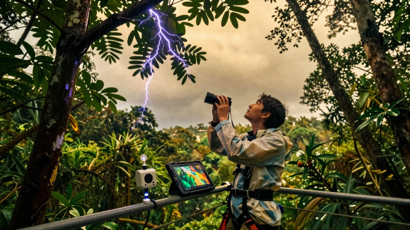 Man observing lightning with binoculars in a lush forest, using weather-monitoring equipment on a platform.