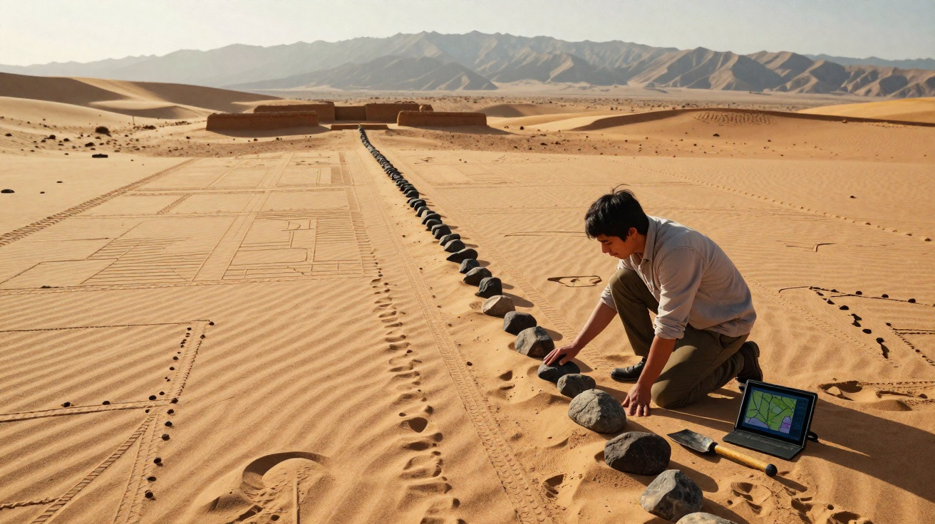 Person arranging stones in a desert with drawn shapes and mountains in the background under clear sky.