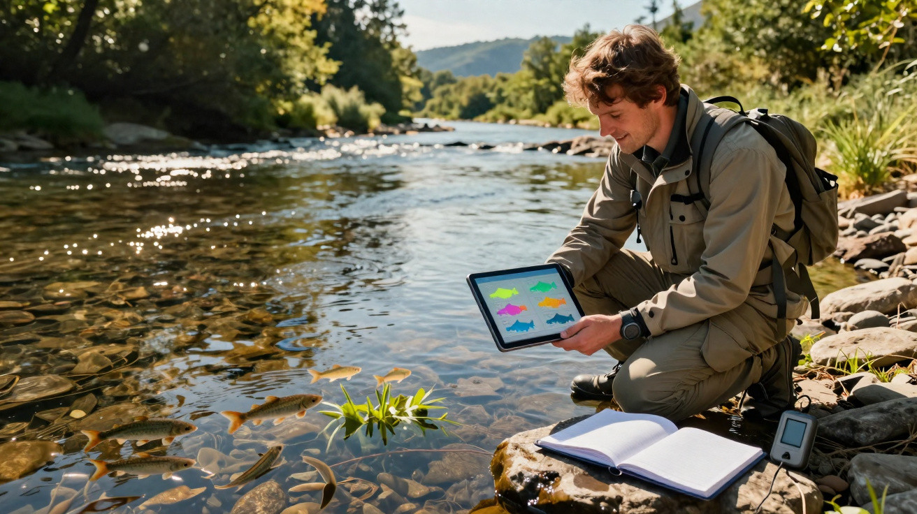 Man kneeling by a river using a tablet to identify fish with a notebook and device beside him.