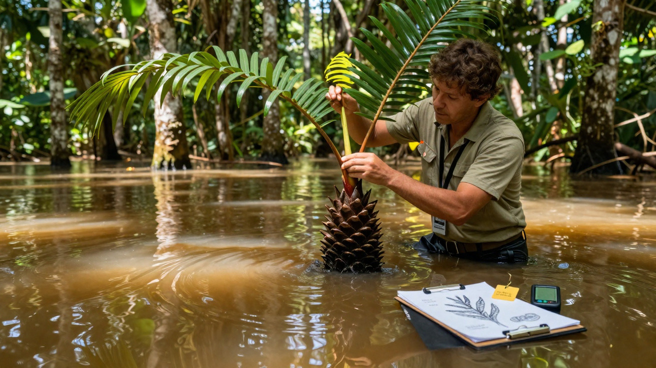 Researcher studying a large water-growing plant in a flooded tropical forest with notes on a clipboard nearby.