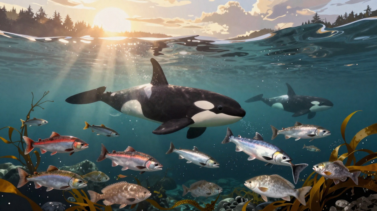 Underwater scene of two orcas swimming among various fish with sunlight breaking through the water surface.