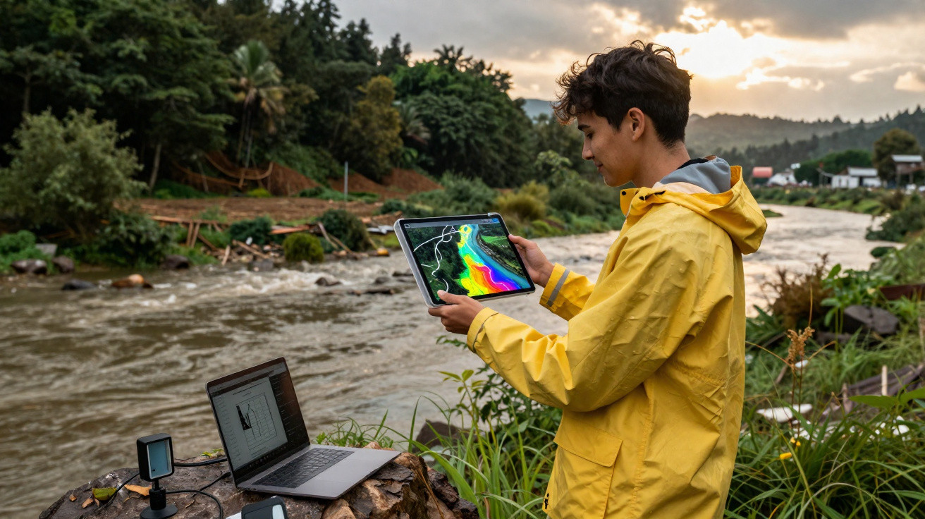 Person in yellow raincoat using a tablet with river data next to a river and open laptop on a rock.