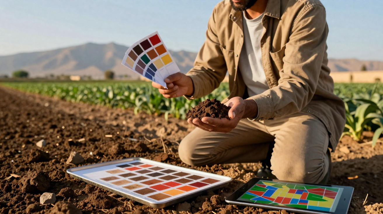 Person analysing soil in a field using colour charts and digital tablet with landscape mountains in the background.