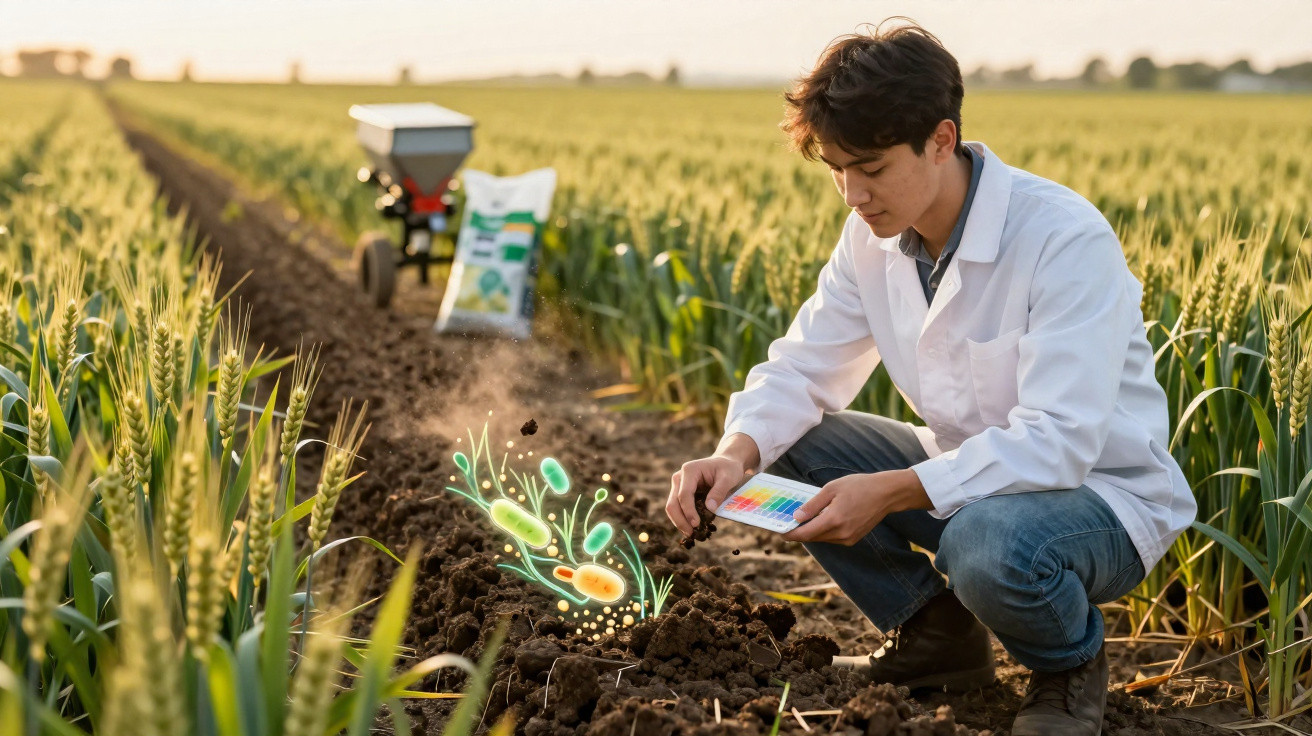 Scientist in white coat analysing soil microbes in a crop field with soil testing equipment.