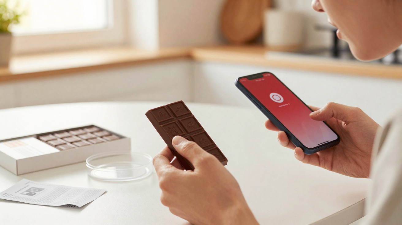 Person holding a chocolate bar and a smartphone with a scanning app open in a bright kitchen setting.