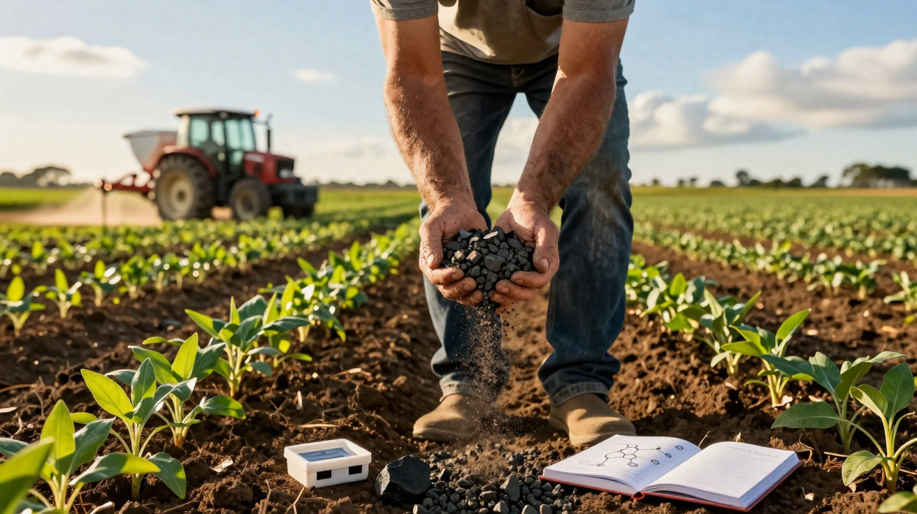 Farmer pouring black granules into soil between young plants with tractor and open notebook nearby in field.