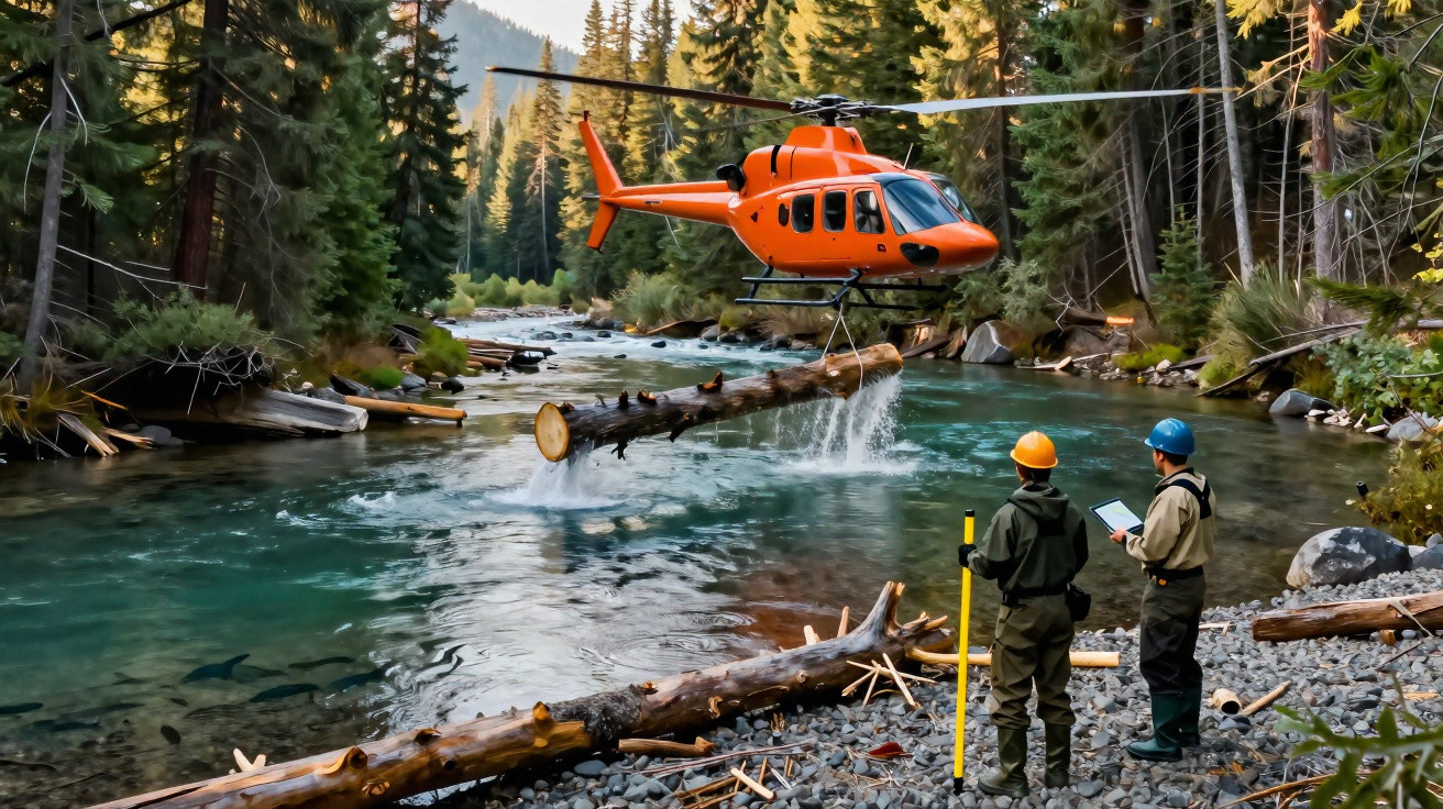Orange helicopter lifting a large log over a river with two workers in safety gear observing from the riverbank.