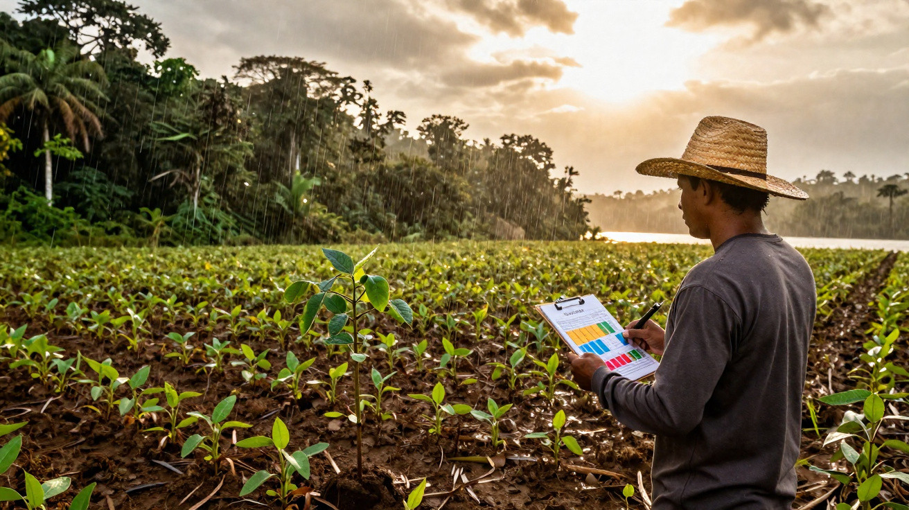 Farmer in a straw hat checks crop health on a clipboard in a young seedling field at sunset in light rain.
