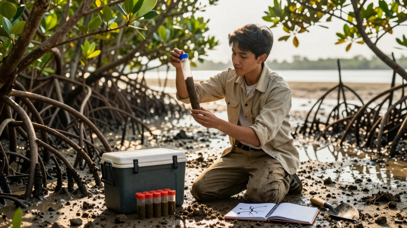 Scientist kneeling in a mangrove forest examining a soil sample in a clear tube with tools nearby.