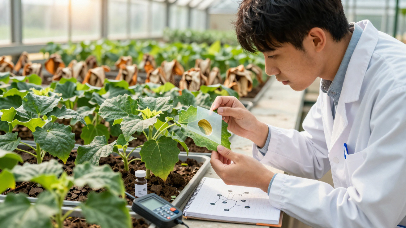 Scientist in a lab coat examining a leaf with a hole in a greenhouse filled with potted plants and research tools.