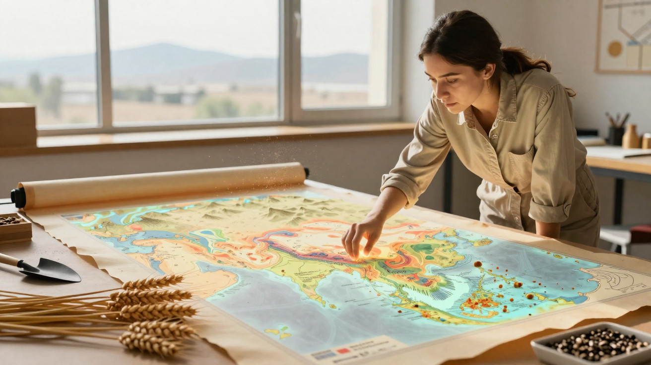Young woman studying a large, detailed geographical map spread out on a table in a bright room.
