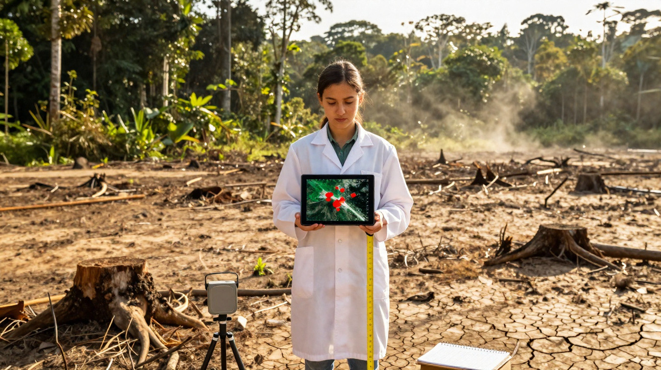 Scientist in lab coat holding tablet showing deforestation analysis in dry, cleared forest land.
