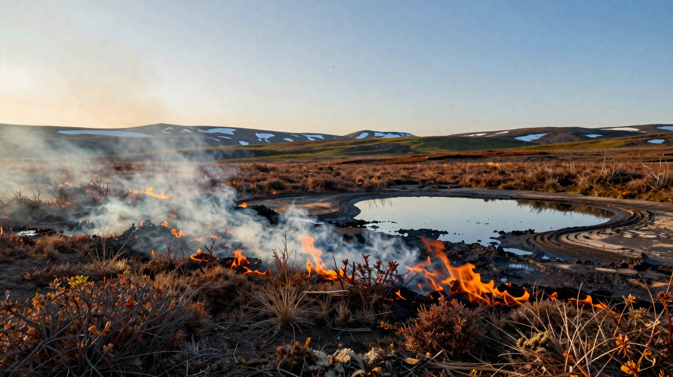 Low fire burning dry grass near a small reflective pond with distant hills under a clear sky at sunset.