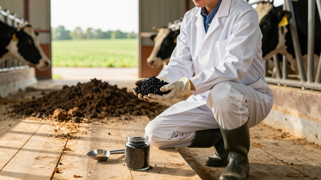 Person in white lab coat and gloves holding soil with black pellets inside a cow barn with cows nearby