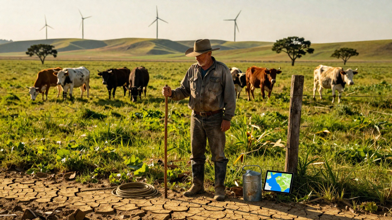 Farmer in hat standing with staff on cracked soil near cows, wind turbines, and digital tablet on grass.