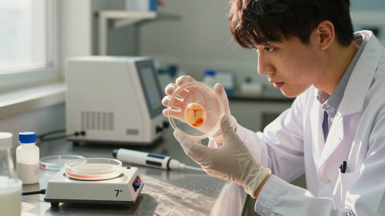 Scientist in lab coat examining embryonic cells in a petri dish in a laboratory setting.