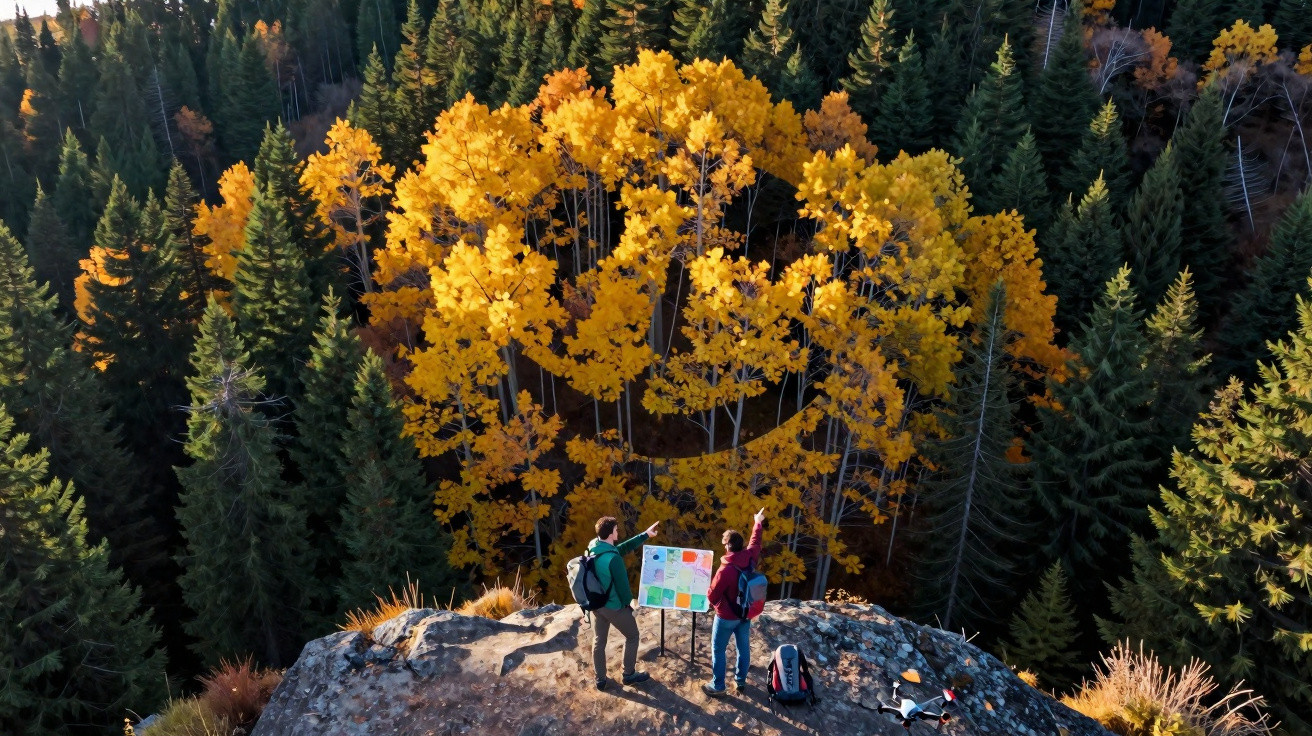 Two hikers stand on a rocky cliff overlooking a forest with autumn trees forming a large smiley face pattern.