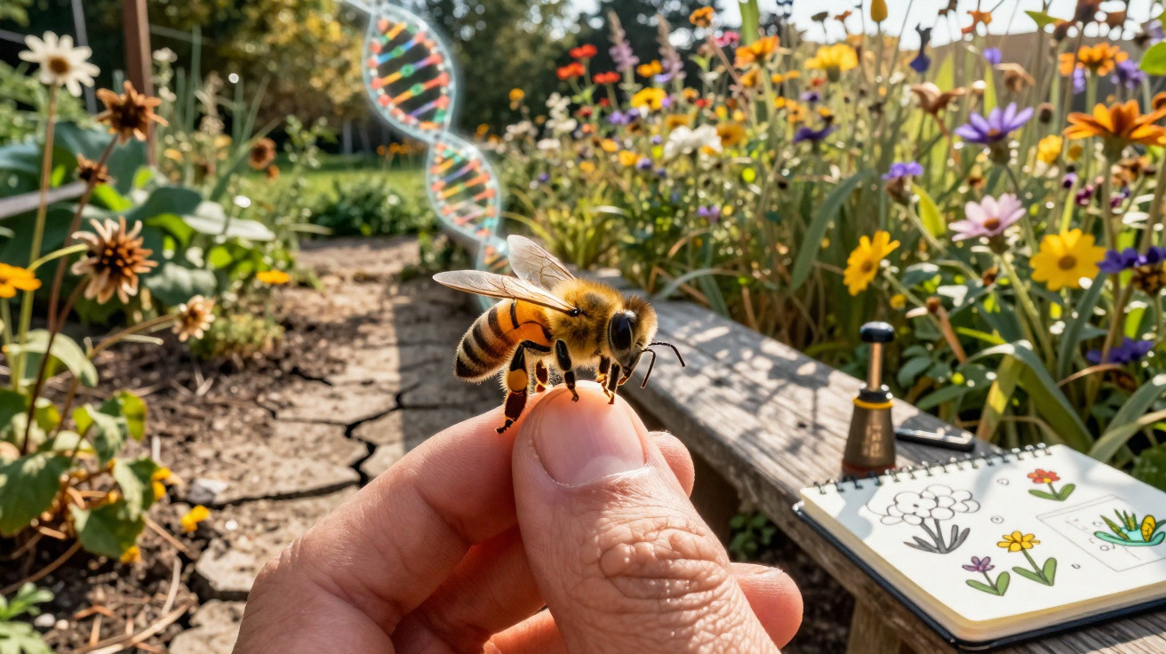 Close-up of a honeybee on a finger with colourful flowers, a sketchbook, and a DNA model in the background.