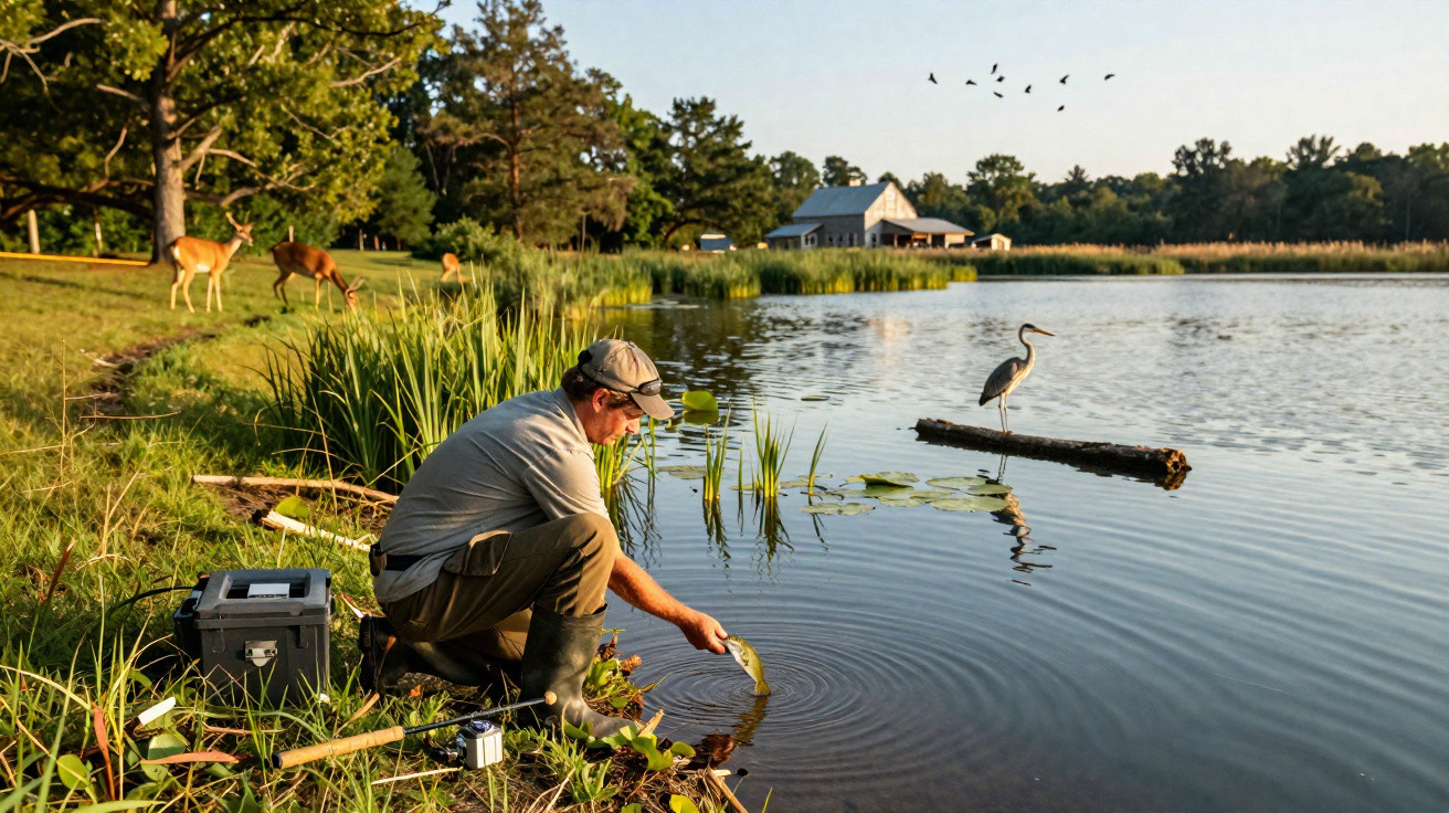 Man releasing a fish into a lake at sunset with a heron on a log and deer in the background.