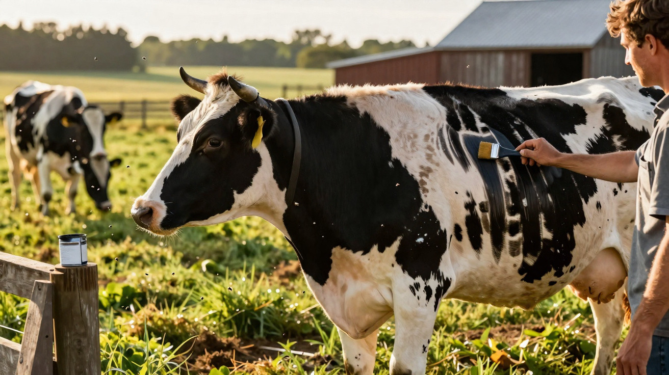 Person brushing the black and white cow in a sunlit green pasture near a barn.