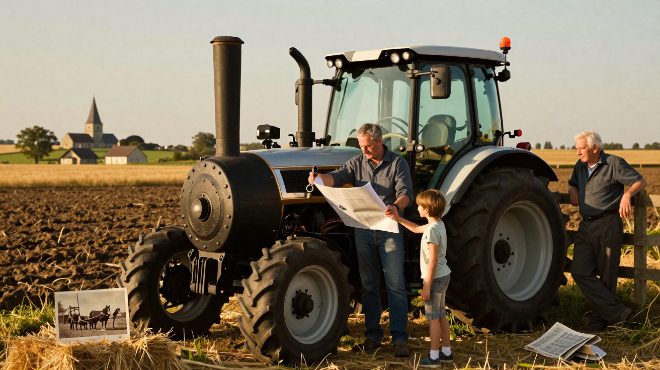 Three generations of farmers stand beside a modern tractor in a golden field near a village.