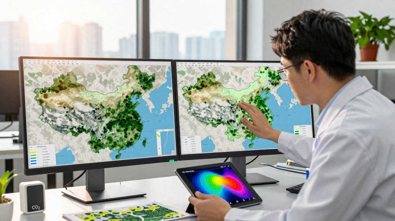Scientist analysing geographical data of China on dual monitors and tablet in a bright office.