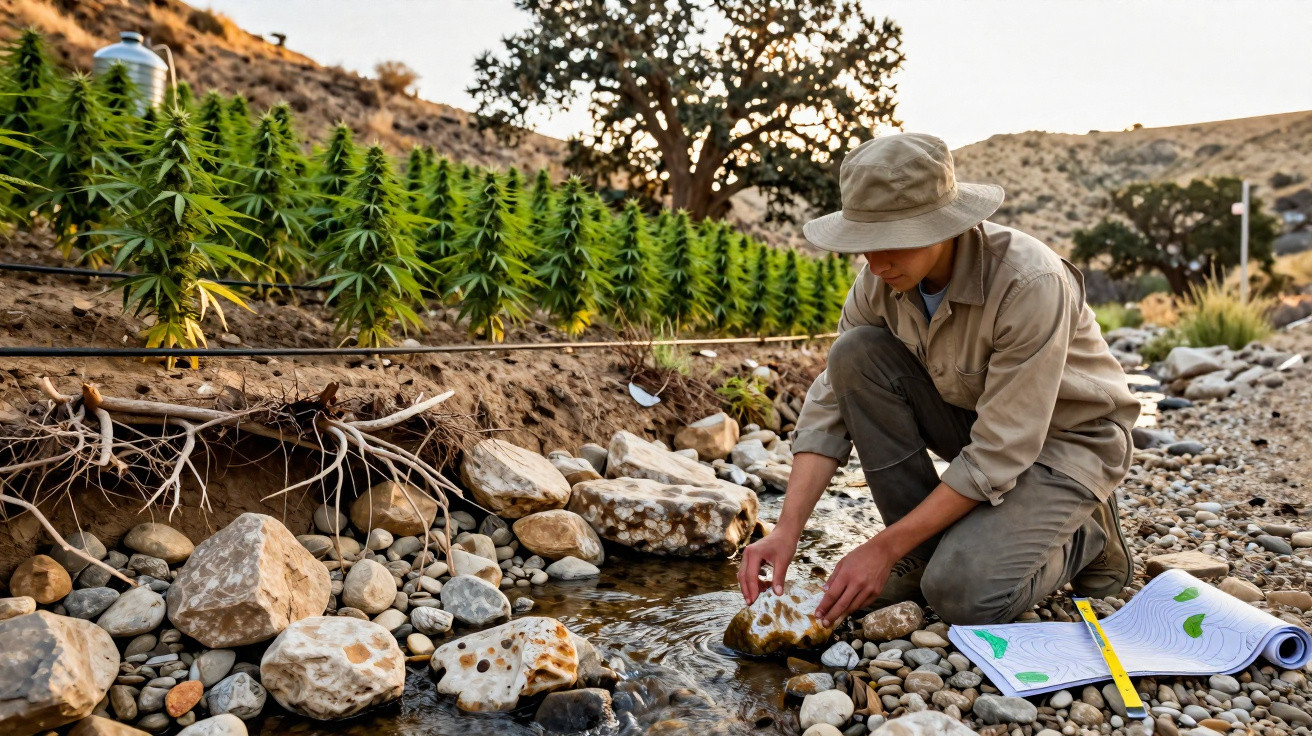 Person in khaki clothing crouching by a rocky stream near a row of green cannabis plants under sunset light.