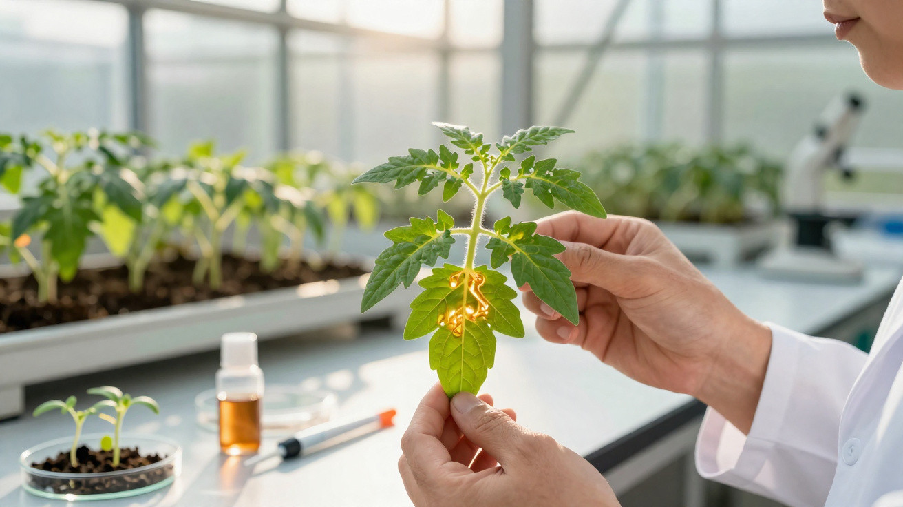 Scientist examining a tomato plant leaf with visible root system inside a bright laboratory setting.
