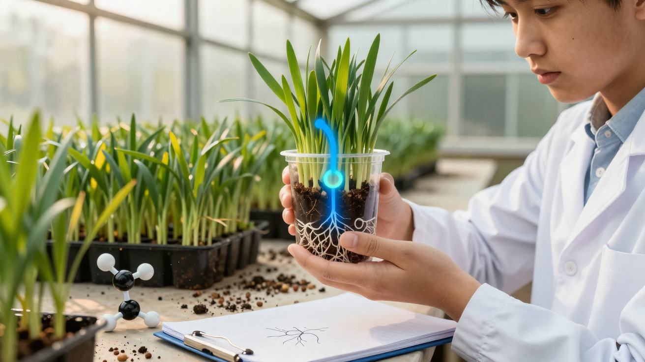 Scientist in lab coat studying plant roots and growth in a clear plastic pot with digital overlay in a greenhouse.