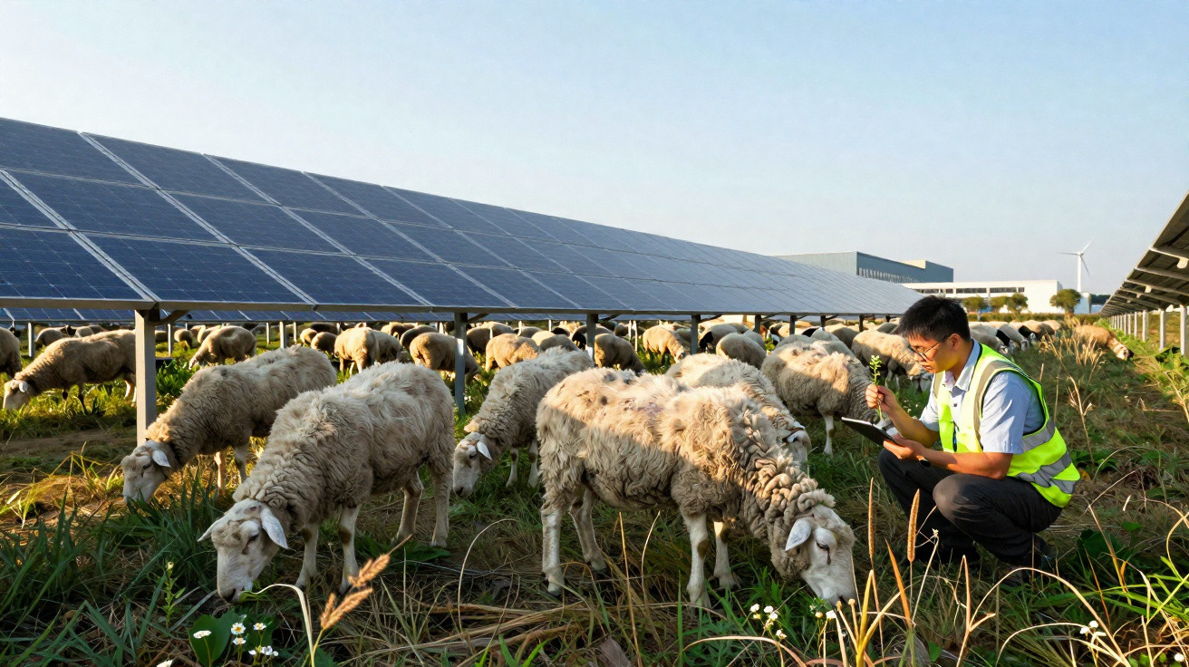 Sheep grazing under solar panels while a worker in a high-visibility vest inspects the plants on a sunny day.