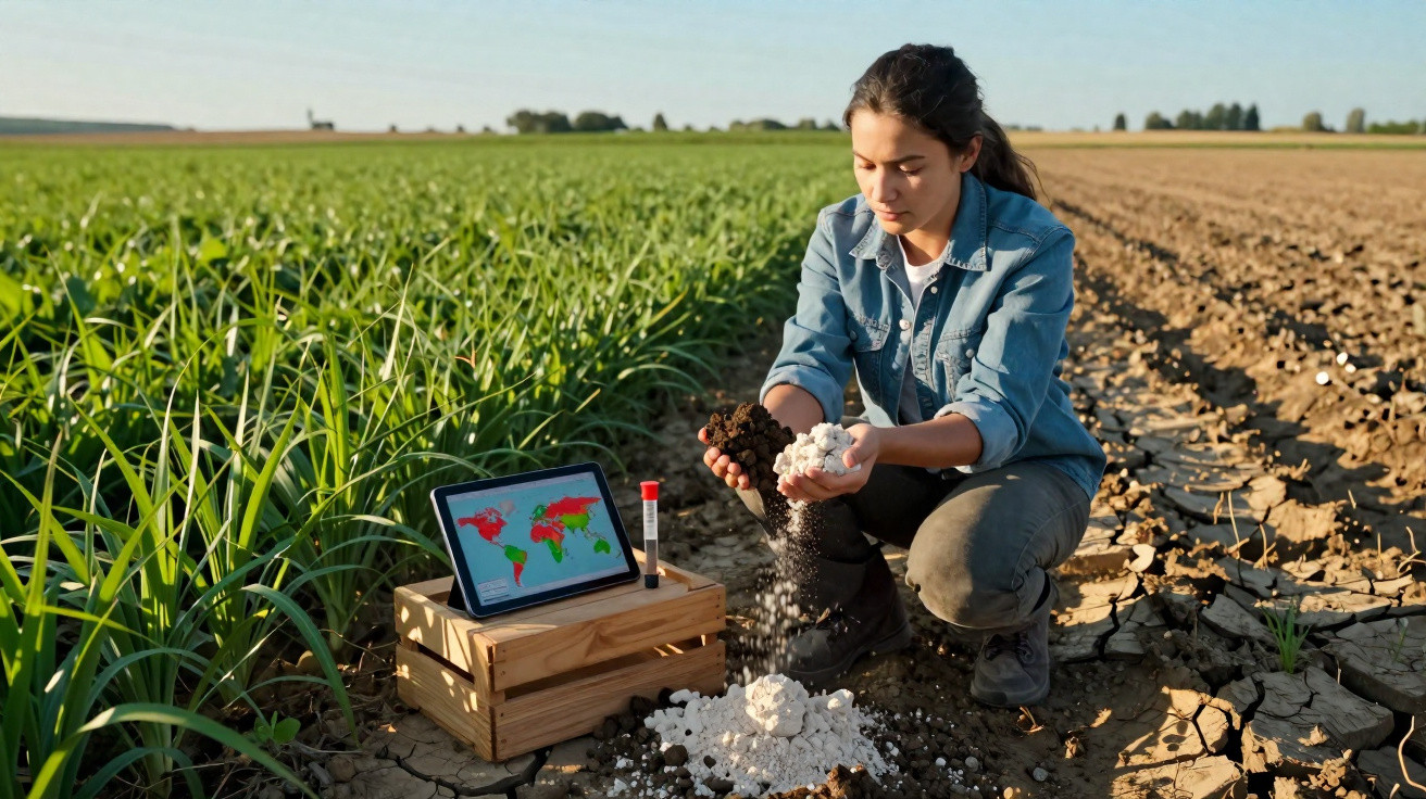 Woman in a field comparing soil and fertiliser samples with a tablet displaying a global map on a wooden crate.