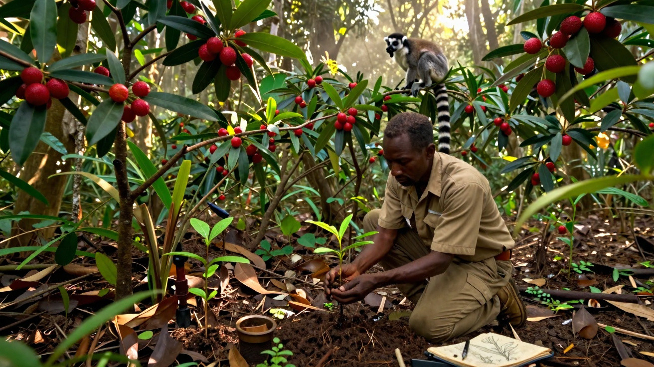 Man planting a young coffee plant in a forest with a lemur perched on a nearby branch.