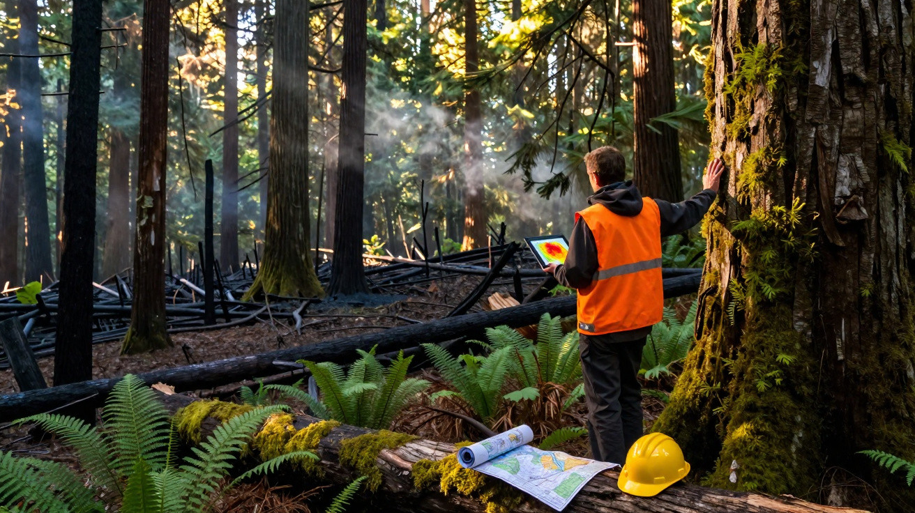 Person in orange vest using tablet to assess forest fire damage among tall trees and ferns, with map and helmet nearby.