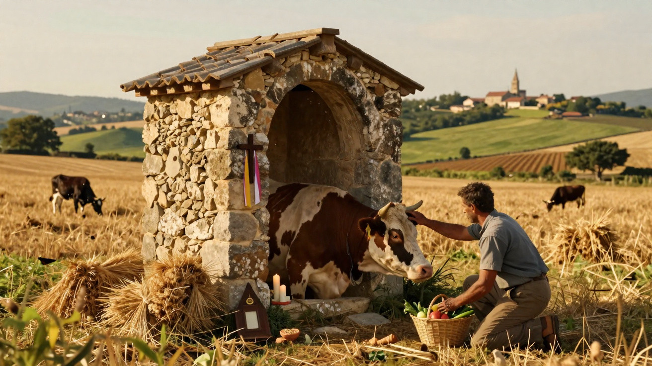 Man kneeling and petting a cow resting in a small stone shrine in a sunlit rural field with hay and distant hills.