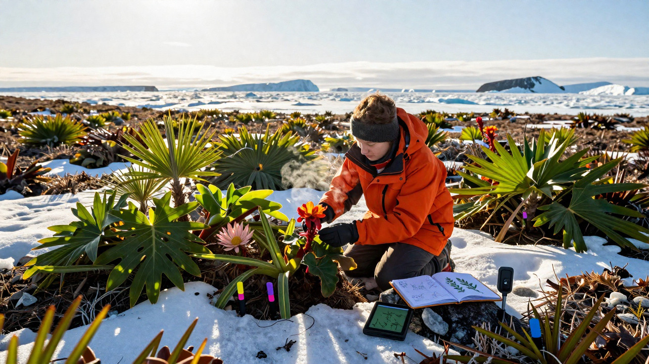 Person in orange jacket examining and documenting tropical plants in snowy Antarctic landscape with notebooks and electronic 