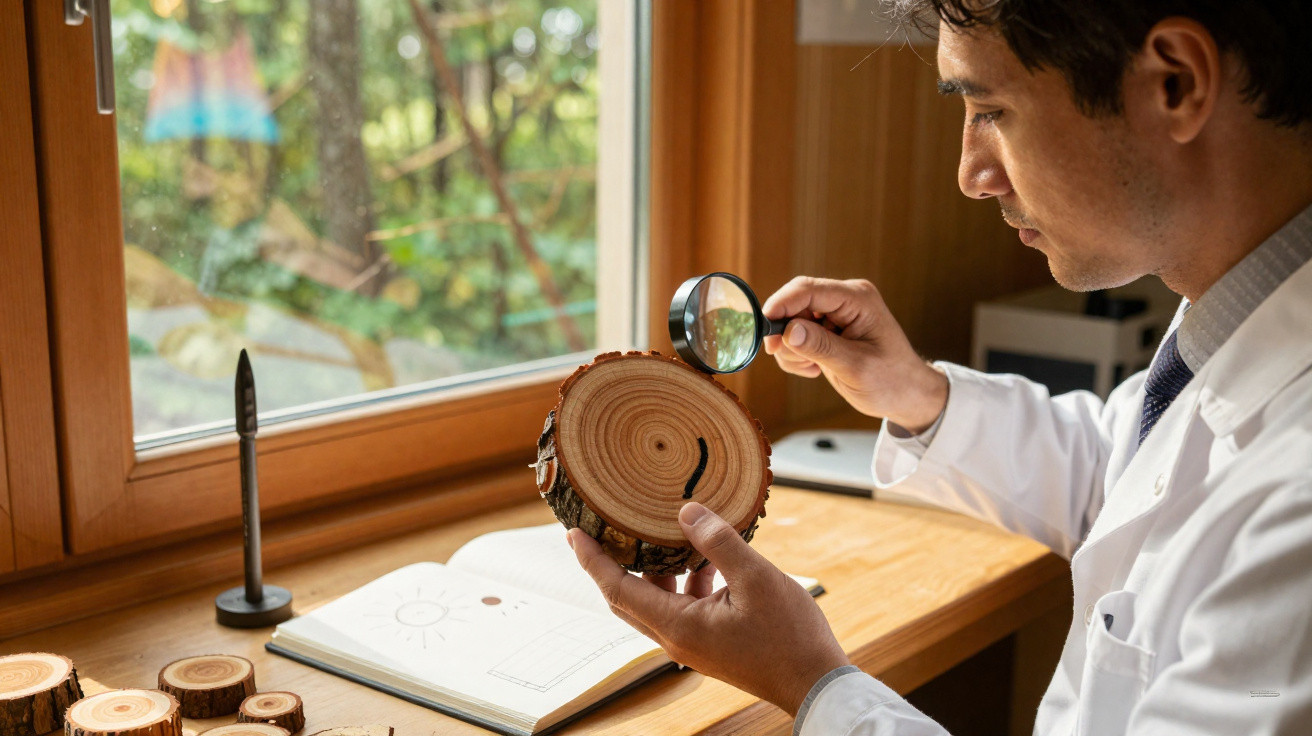 Scientist in a lab coat examining tree rings on a wood slice using a magnifying glass by a window.